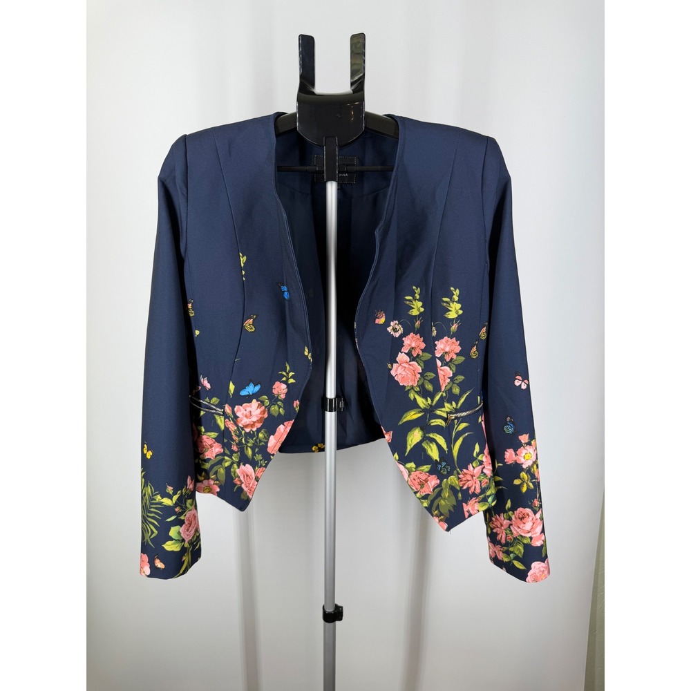 RolyPoly Womens Navy Blue Floral Butterfly Cropped‎ Open Blazer Jacket  L
